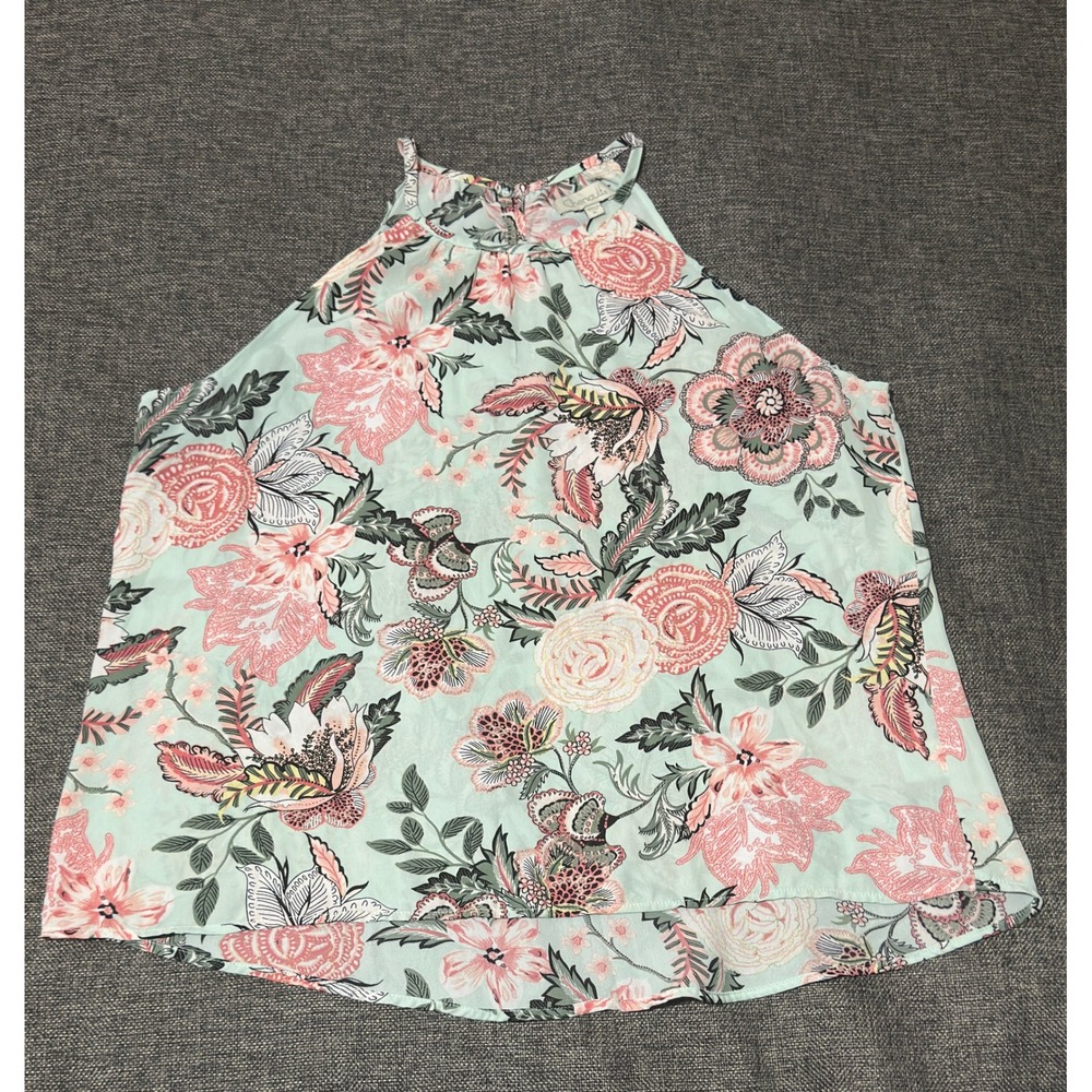 Chenault Women's XL Halter Top Floral Mint Green Pink Sleeveless Blouse